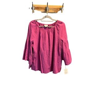 Liz Claiborne Meadow Mauve Seersucker Peasant Top Tiered Bell Sleeve Large NEW